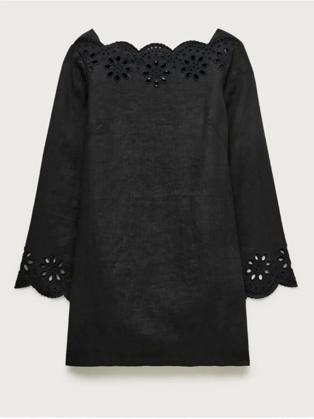 J. Crew Black Scallop-Trim Eyelet Long Sleeve Popover Linen Mini Dress XXS NWT